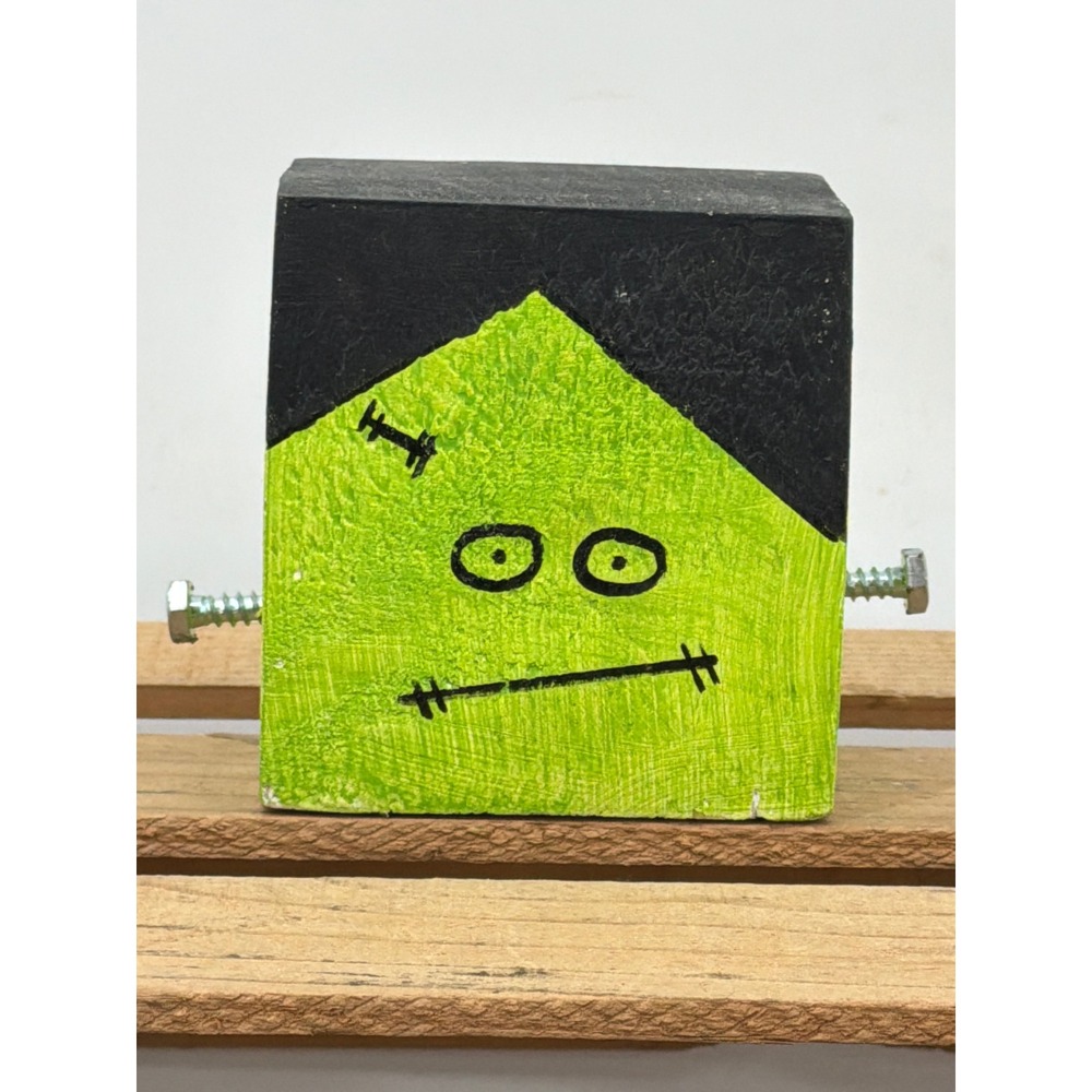Handmade Wooden Frankenstein Block Halloween Decor Rustic Monster Figurine Green